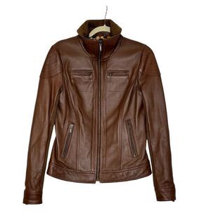 Jessie G. Emmy Brown Leather Bomber Jacket | Size S